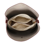 Bar bucket bag bordeaux red beige og burgunder med strukturert interiør og to glidelåslommer med kremfarget monogramfôr