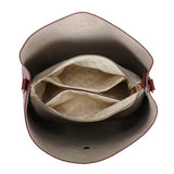 Bar bucket bag bordeaux red beige og burgunder med strukturert interiør og to glidelåslommer med kremfarget monogramfôr