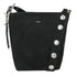 Black suede studs bucket bag with silver toned studs on strap and minimalist brand logo on the front
