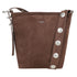 Dark brown suede bucket bag with silver-toned studs and matching shoulder strap with metal rings