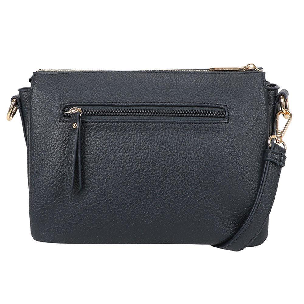 Bar cmprtmnt crossover blue er en svart teksturert skinn crossbody veske med gullfarget metall og avtagbar stropp