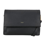 Black pebbled leather bar flap crossover bag with gold-tone zipper and brand logo crossbody style