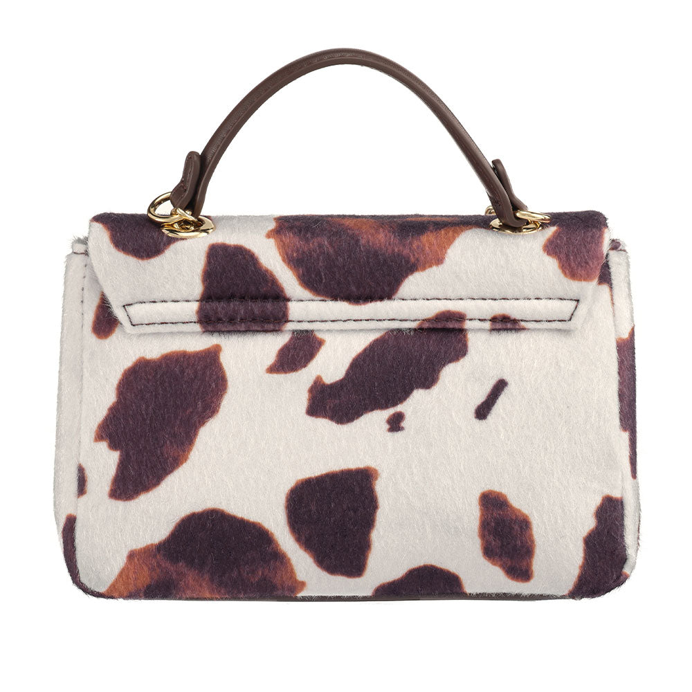 Ocarina winter flap bag cow med hvit og brun ku mønster og kort håndtak