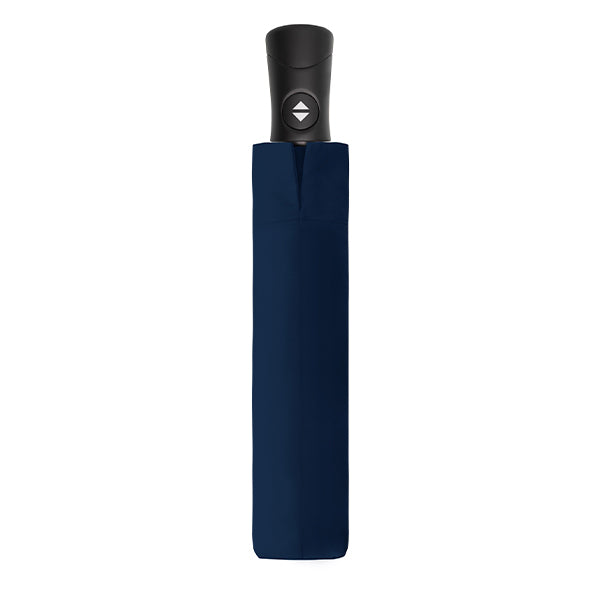 Navy blue compact umbrella fiber magic superstrong uni with black handle and button mechanism