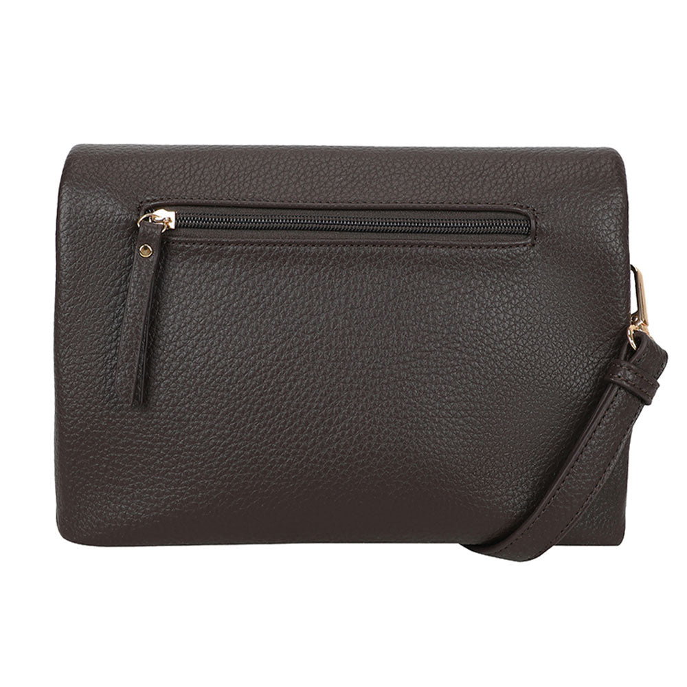 Dark brown textured leather bar flap crossover bag with gold tone zipper and matching strap crossbody style