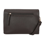 Dark brown textured leather bar flap crossover bag with gold tone zipper and matching strap crossbody style