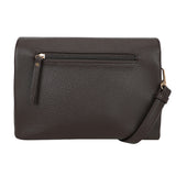 Dark brown textured leather bar flap crossover bag with gold tone zipper and matching strap crossbody style