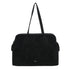 Black suede zip shoulder bag with two top handles and subtle brand logo at the base