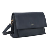 Dark blue pebbled leather bar flap crossover clutch with gold-tone hardware and minimalist logo detail