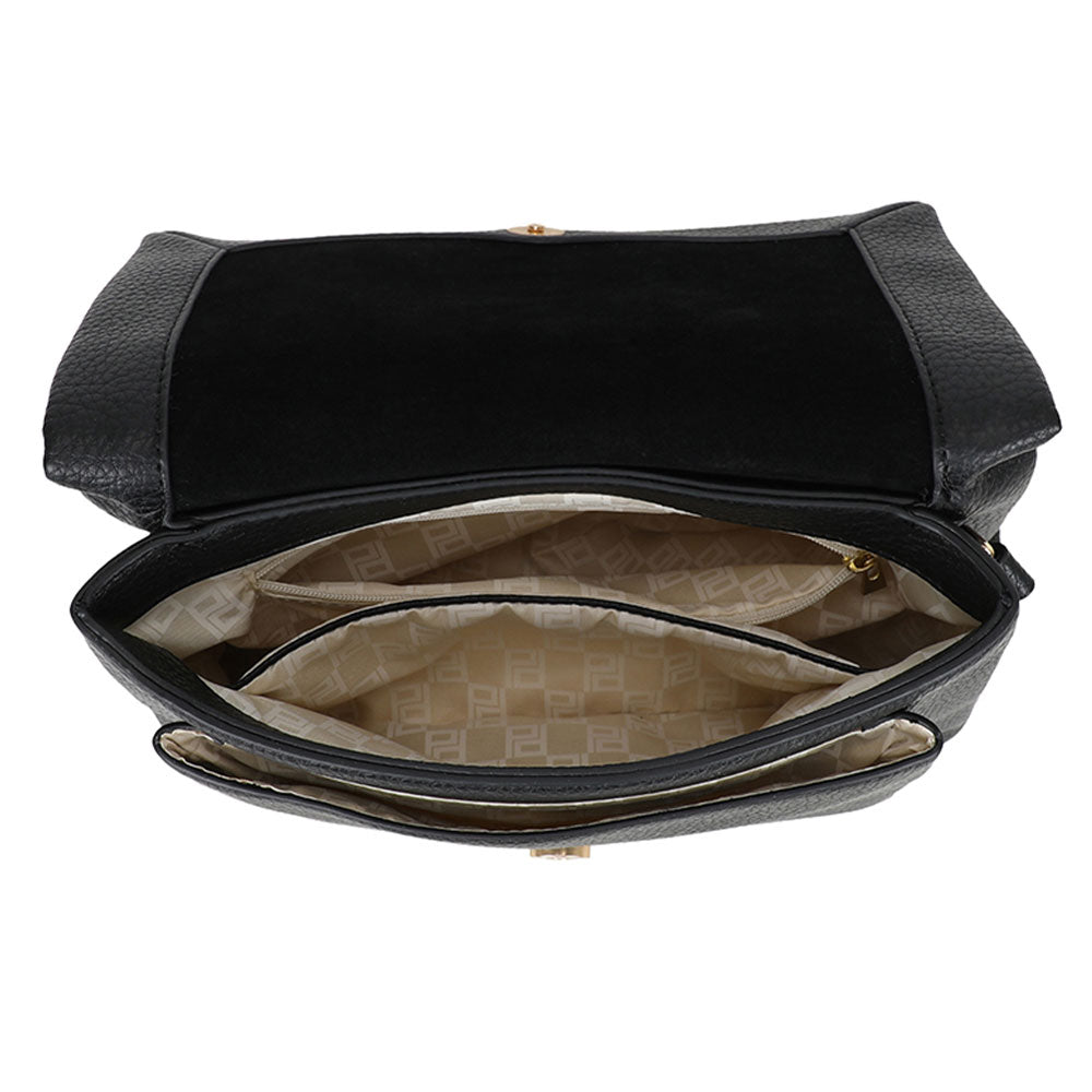 Black textured leather bar flap crossover bag with beige logo interior and gold-tone hardware