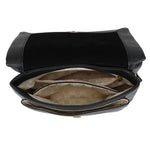 Black textured leather bar flap crossover bag with beige logo interior and gold-tone hardware