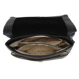 Black textured leather bar flap crossover bag with beige logo interior and gold-tone hardware