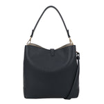 Black textured leather hobo bag with top handle and detachable shoulder strap in blue bar bucket bag style
