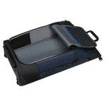 Black and navy blue ecodiver foldable duffle 4-in-1 rolling garment bag with gray interior and zippered compartment