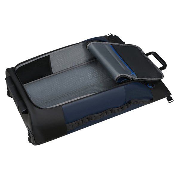 Black and navy blue ecodiver foldable duffle 4-in-1 rolling garment bag with gray interior and zippered compartment