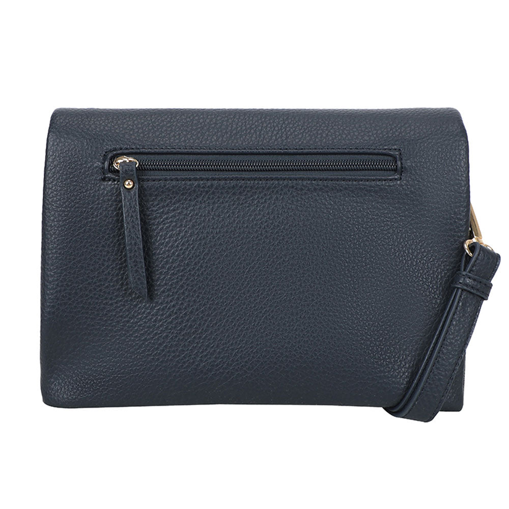 Dark blue textured leather bar flap crossover clutch with gold-tone zipper and matching wrist strap