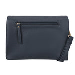 Dark blue textured leather bar flap crossover clutch with gold-tone zipper and matching wrist strap