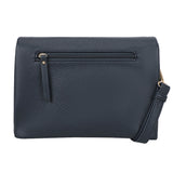 Dark blue textured leather bar flap crossover clutch with gold-tone zipper and matching wrist strap