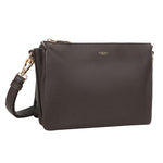 Dark brown textured leather clutch with gold-tone zipper and strap from bar cmprtmnt crossover collection