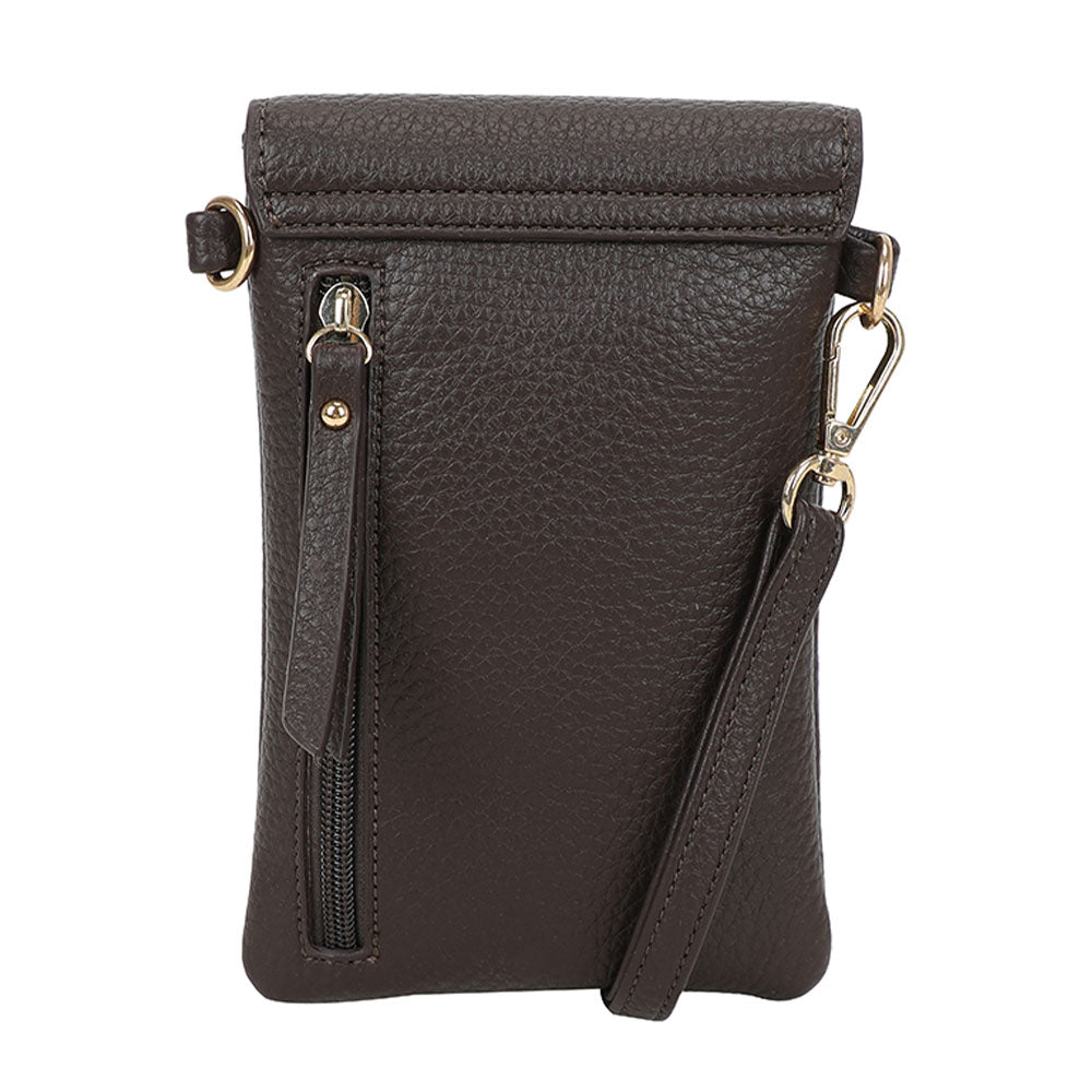 Dark brown textured leather bar phone bag with gold-tone hardware and zippered front pocket crossbody pouch