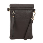 Dark brown textured leather bar phone bag with gold-tone hardware and zippered front pocket crossbody pouch