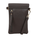 Dark brown textured leather bar phone bag with gold-tone hardware and zippered front pocket crossbody pouch