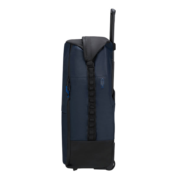 Navy blue and black ecodiver foldable duffle 4-in-1 rolling suitcase with retractable handle and reinforced stitching