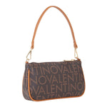 Brown valentino regina re skulderveske moro med tan skinnhåndtak og gjentakende valentino logo i lysere brun