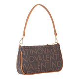 Brown valentino regina re skulderveske moro med tan skinnhåndtak og gjentakende valentino logo i lysere brun