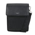 Svart teksturert skinn pocket flap crossbody veske med mønstret stropp og sølvfarget metall hardware