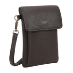 Dark brown textured leather bar phone bag with gold-tone clasp and ulrika sweden embossed on front flap
