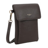 Dark brown textured leather bar phone bag with gold-tone clasp and ulrika sweden embossed on front flap