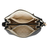 Black textured leather crossbody bag bar cmprtmnt crossover black with beige logo interior and gold-tone zippers