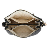 Black textured leather crossbody bag bar cmprtmnt crossover black with beige logo interior and gold-tone zippers