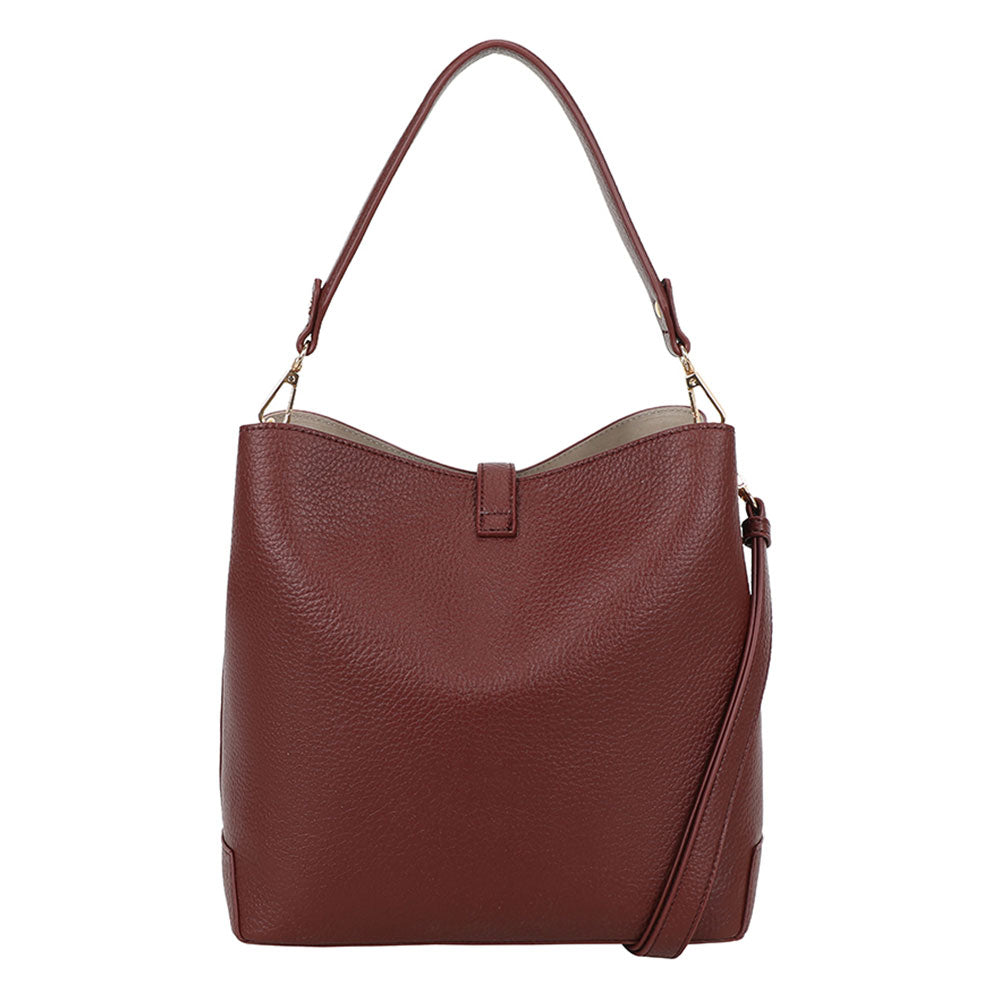 Bar bucket bag bordeaux red burgundy textured leather shoulder bag with top handle and detachable crossbody strap