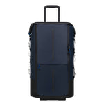 Navy blå rullende koffert med svarte detaljer og blå glidelåsdragere ecodiver foldbar 4-i-1 duffel bag