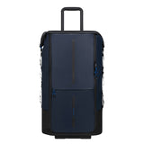 Navy blå rullende koffert med svarte detaljer og blå glidelåsdragere ecodiver foldbar 4-i-1 duffel bag