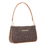Brown valentino regina re shoulder bag moro with repeating logo pattern and tan leather trim