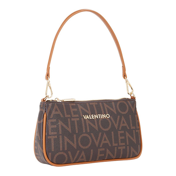 Brown valentino regina re shoulder bag moro with repeating logo pattern and tan leather trim