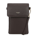 Dark brown textured leather crossbody phone case with gold-tone hardware and flap closure bar phone bag dark brown