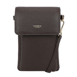 Dark brown textured leather crossbody phone case with gold-tone hardware and flap closure bar phone bag dark brown
