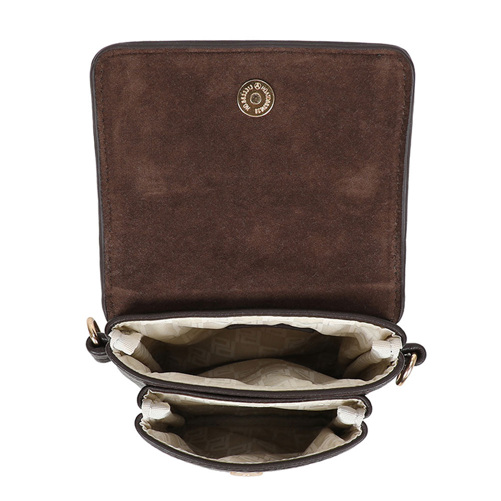 Brown suede bar phone bag crossbody with gold-tone circular logo plaque on interior lining dark brown