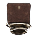 Brown suede bar phone bag crossbody with gold-tone circular logo plaque on interior lining dark brown