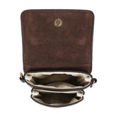 Brown suede bar phone bag crossbody with gold-tone circular logo plaque on interior lining dark brown