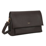 Dark brown pebbled leather bar flap crossover crossbody clutch with gold-tone hardware and minimalist logo plaque