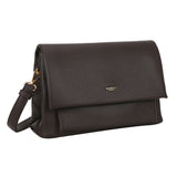 Dark brown pebbled leather bar flap crossover crossbody clutch with gold-tone hardware and minimalist logo plaque