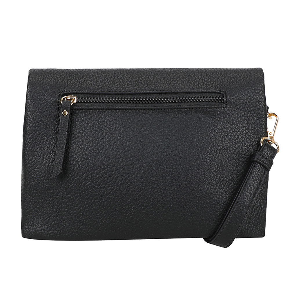 Black pebbled leather bar flap crossover clutch with gold-tone zipper and matching wrist strap