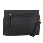 Black pebbled leather bar flap crossover clutch with gold-tone zipper and matching wrist strap