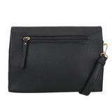 Black pebbled leather bar flap crossover clutch with gold-tone zipper and matching wrist strap