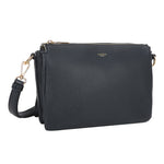 Bar cmprtmnt crossover blue svart teksturert skinn crossbody veske med gullfarget metallbeslag og avtakbar reim